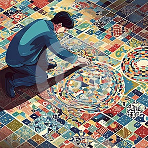 Mozaika umělec vytváření vibrující vzor v moderní muzeum 