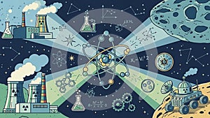 A deep space theme with stars and celestial elements representing the