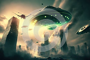 Illustration showing an attack by flying alien UFO saucers on a city