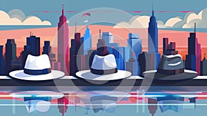 An illustration showing black, white, and gray hats SEO, search engine optimization marketing strategies on a city