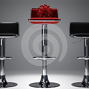 An illustration showing a coronavirus on a high red bar stool.