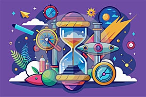 Illustration showing an hourglass with a rocket, planets, and other space-related items, Time travel Customizable Disproportionate