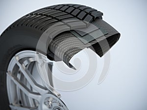 Illustration showing inner structure of car tyre and wheel on gray background. 3D illustration