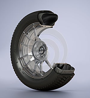 Illustration showing inner structure of car tyre and wheel on gray background. 3D illustration