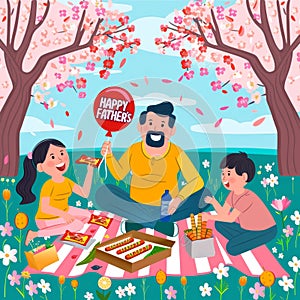 Illustration showing a joyful family picnic with playful decorations on Fathers Day in a blooming park.