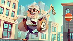 An illustration showing a pension fund and bank saving money. A happy senior man, a big bag with a dollar sign and a big