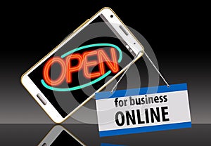 This illustration shows cell phone with an open sign to say I am open for business on my cell phone.