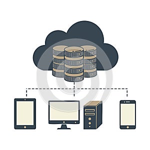 Cloud computing data storage servers connected to multiple digital devices vector illustration