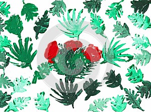 Green Palm Leaves with a Cactus with a Red Blossom, Print