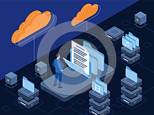 Isometric vector illustration of cloud storage in which the digital data