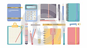 This illustration shows a sketchbook, note book, diary, stationary tools composition showing notebook, notepad