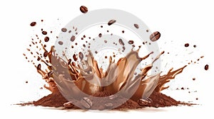 Illustration of shredded ground coffee, arabica grain with splashes of brown dust and explosion of coffee beans on white