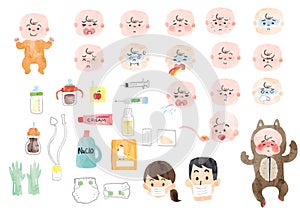 Illustration of a sick baby and baby supplies