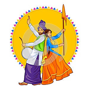 Sikh Punjabi Sardar couple playing dhol and dancing bhangra on holiday like Lohri or Vaisakhi