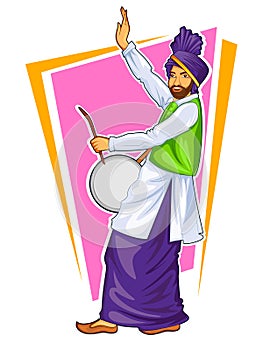 Sikh Punjabi Sardar playing dhol and dancing bhangra on holiday like Lohri or Vaisakhi photo