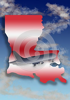 illustration with the silhouette of an airplane and the map of the State of Louisiana on a background with sky and clouds