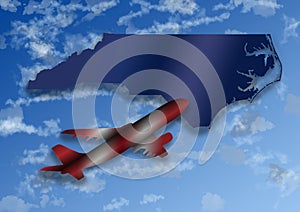 illustration with the silhouette of an airplane and the map of the State of North Carolina on a background with sky and clouds