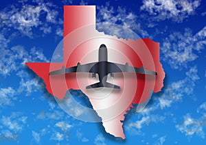 illustration with the silhouette of an airplane and the map of the State of Texas on a background with sky and clouds