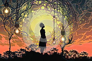 Illustration of a silhouette of a beautiful woman in a fairy forest, generative ai