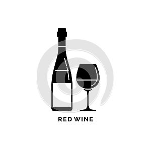 Illustration with silhouette bottle and glass red wine. Isolated object. Alcohol beverage label. White background. Design concept