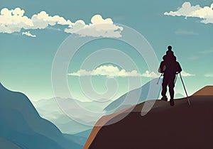 Illustration of a silhouette of a climber set against a stunning mountain backdrop