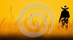 Illustration of a silhouette of a cowboy walking across a field of tall grass AI generated