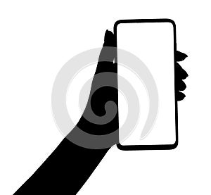 Illustration of a silhouette of a hand holding the black smartphone with blank screen isolated white background.  hands using