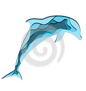 Illustration of silhouette of jumping dolphin with 3d element cut out of paper in blue colors. Vector summer element