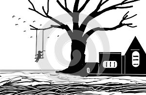 illustration Of Silhouette Landscapes, Tree, House, River And Baby Girl Swing.