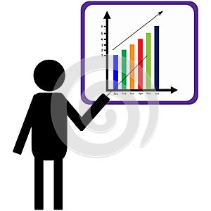 Illustration of silhouette man explaining with column chart