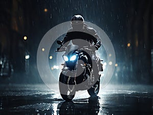 Illustration of the silhouette of a motorbike rider at night during heavy rain