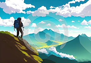 Illustration of A Silhouette of a Mountain Climber Against a Stunning Mountain Background