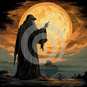 illustration of a silhouette of an old wizard before a total eclipse, full length, vintage style