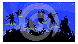 Illustration of silhouette of people dancing on blue shiny  background isolated on white background