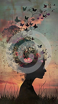 Illustration silhouette woman profile tree flowers butterflies mental sunset
