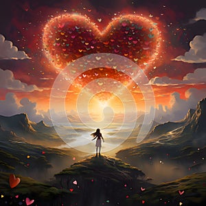 Illustration of a silhouette of a woman at the top of a mountain observing a large heart of light in the sky fmall colored