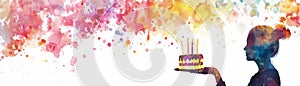 An illustration of a silhouette of a young attractive lady with a happy birthday banner and party cake made out of a