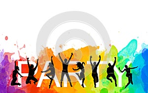 Illustration silhouettes party dance colorful group of jumping people dancing. Jazz funk, hip-hop, house dance. Dancer man on whit