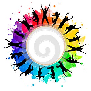 Illustration silhouettes party dance colorful group of jumping people dancing. Jazz funk, hip-hop, house dance. Dancer man on whit