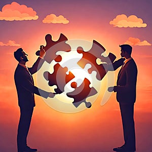 Illustration of silhouettes of two men playing with puzzle pieces.