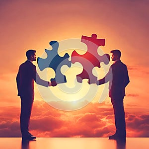 Illustration of silhouettes of two men trying to putting together two puzzle pieces.