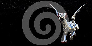 Illustration of a silver dragon with open mouth and red horns walking against a dark space background with stars