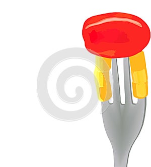 Illustration of the silver fork with pasta and fresh tomato isolated on a white background