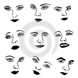 Illustration of Simple Facial Features Human Face silhouette Icon Set