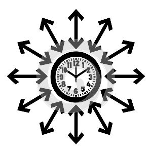 Simple icon, black on white background, clock with arrows around it.