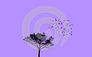 Illustration of a single isolated tree and flying birds flock against clear blue sky. Migrating birds concept.