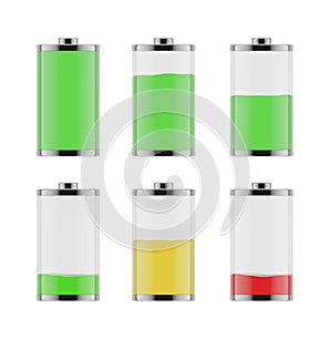 An illustration of the six batteries with different level of charge from low to full.