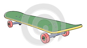 Illustration of Skateboard in Colored Outline Style, Half Turn View