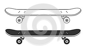 Illustration of Skateboard in Outline and Silhouette Style, Side View