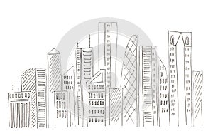 Illustration of sketch drawing black contour of skyline cities on a isolated background.
